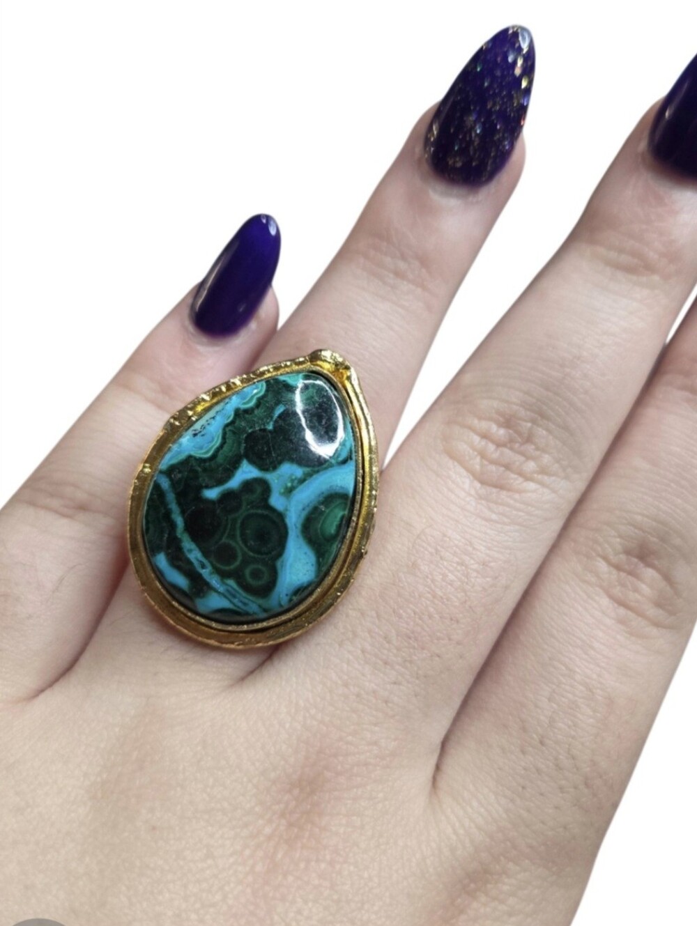 Incredible 18k Gold Plated Artisan Chrysocolla Malachite Natural Stone Ring - Picture 6 of 7